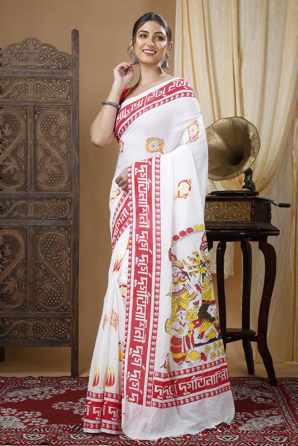 White Pure Cotton Durga Printed Handloom Saree (1318)